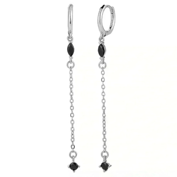 Silver Long Dangle Tassel Huggie Hoop Earrings - Picture 4 of 4